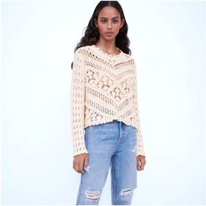 Cream Zara Textured Crochet Knit Long Sleeve Sweater NWT